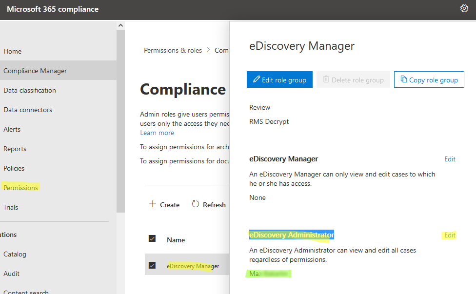 назначить роль eDiscovery Administrator