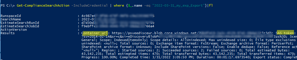 получить URL на экспорт ящика microsoft 365 powershell Get-ComplianceSearchAction 