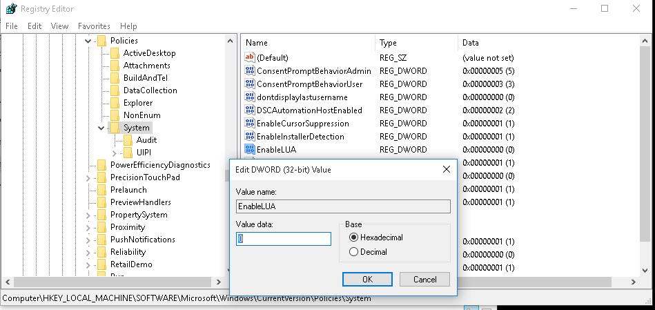 EnableLUA - отключаем UAC