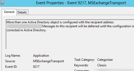 Event ID: 9217 More than one Active Directory object is configured with the recipient address 