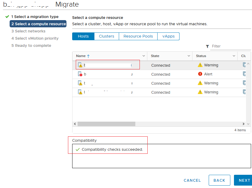 выбор esxi хоста, на который нужно смигрировать виртуальную машину, проверка совместимости