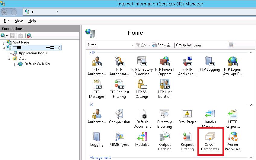 Сертификаты сервера в консоли IIS