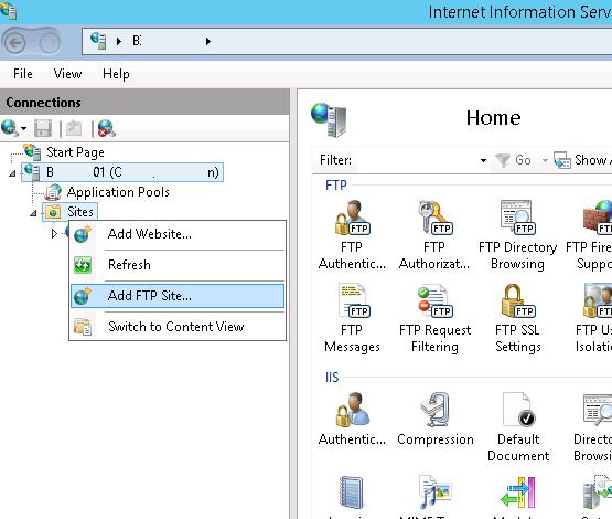 Создать FTP сайт в IIS
