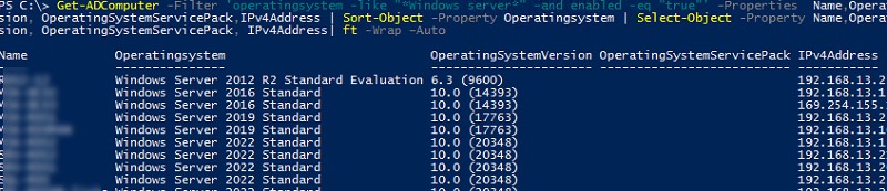 вывести версии windowsи ip адреса в домене с помощью powershell