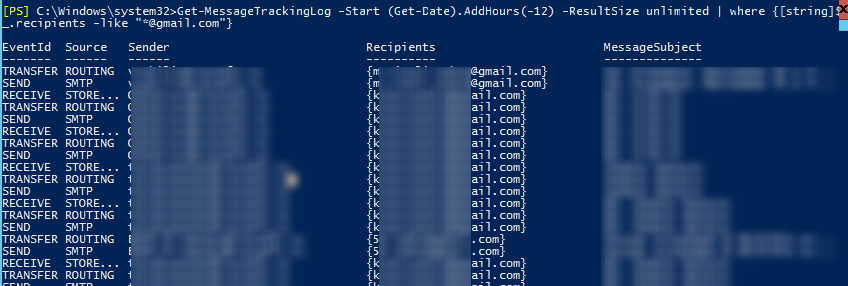 примеры использования Get-MessageTrackingLog 