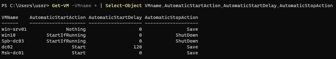 вывести настройки запуска, выключения ВМ на хосте Hyper-V через powershell (AutomaticStartAction,AutomaticStartDelay,AutomaticStopAction)