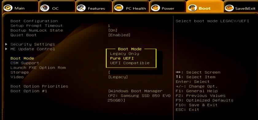 Настройки загрузки uefi