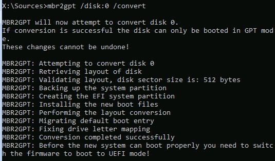 mbr2gpt конвертировать системный MBR в GPT диск из winpe