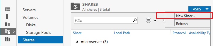 Создать новую шару windows 2012