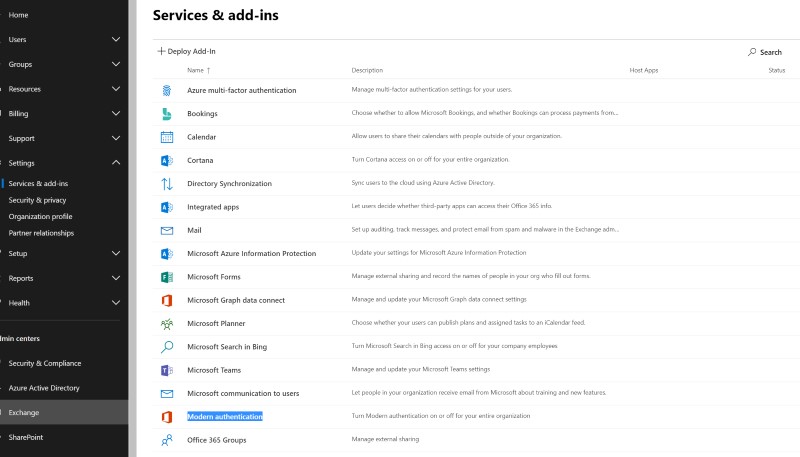 Включить Modern Authentication в office 365 admin center