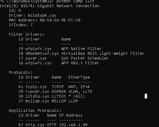 pktmon comp list - список сетевых интерфейсов, загруженных драйверов, протоколов и фильтров стека TCP-IP в Windows
