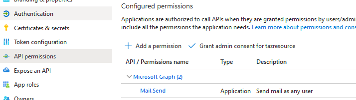 Права Mail.Send в Azure