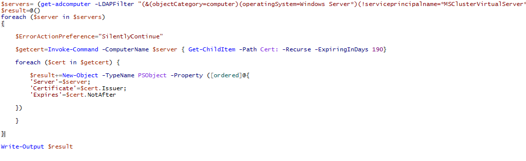 powerhsell скрипт для поиска сертфикатов, которые скоро просрочатся на компьютерах домена