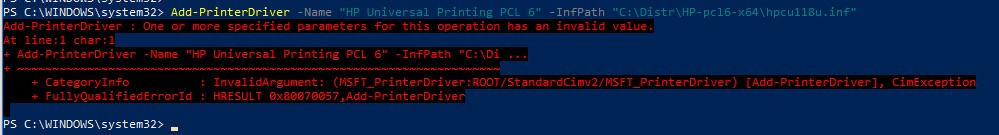 Add-PrinterDriver : One or more specified parameters for this operation has an invalid value