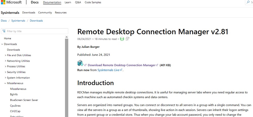 скачать новую версию Remote Desktop Connection Manager rdcman 2.81 от sysinternals