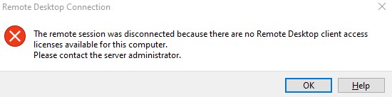 Удаленный сеанс отключен, поскольку для данного компьютера отсутствуют клиентские лицензии удаленного рабочего стола