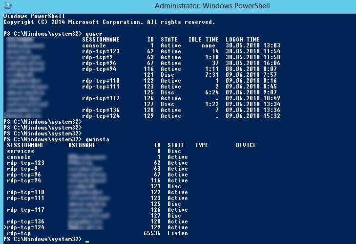 qwinsta - список RDP сесиий на удаленном сервере