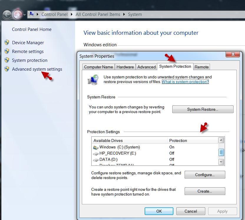 Включить System Protection в Windows 7