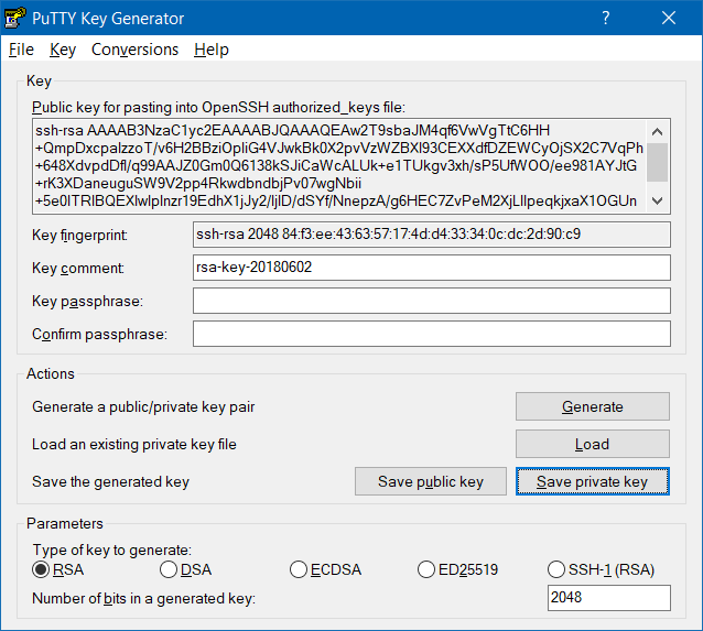 PuTTYgen генерация rsa ключей