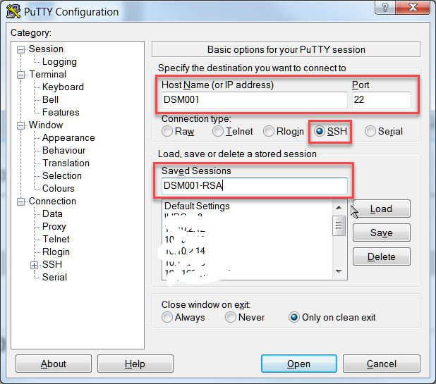 putty новое подключение к Synology DSM