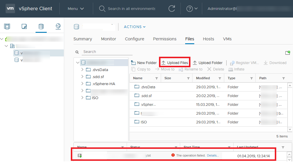 ошибка The operation failed при загрузке любого файла на хранилище vmware vsphere