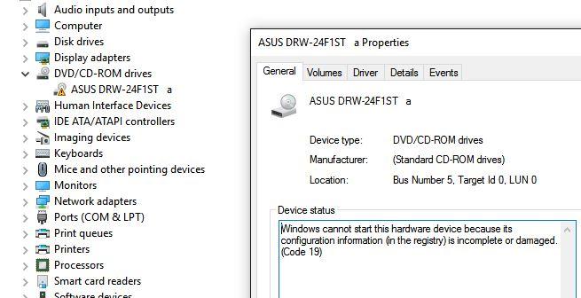 Ошибка код 19 Windows не удалось запустить это устройство, поскольку информация о его конфигурации в реестре неполна или повреждена