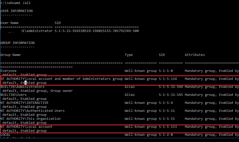 whoami /all - новые локальные well known группы безопасности с S-1-5-113 и S-1-5-114