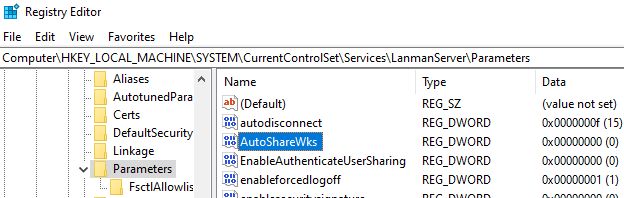 AutoShareWks параметр реестра Windows, который запрещает создавать скрытые административные папки