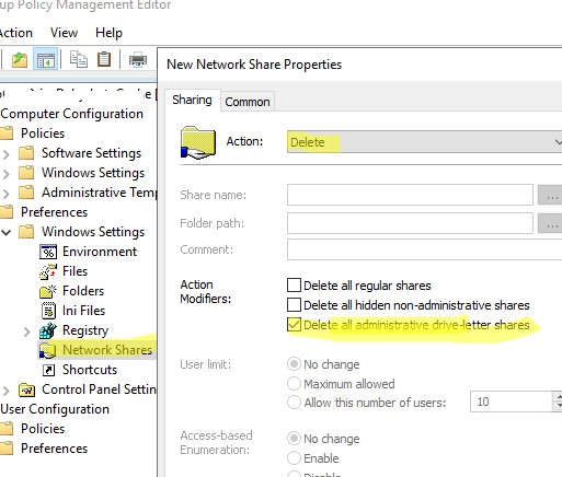 GPO - удалить все диски, расшаренные как админ папки
