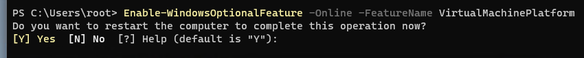 Enable-WindowsOptionalFeature -Online -FeatureName VirtualMachinePlatform