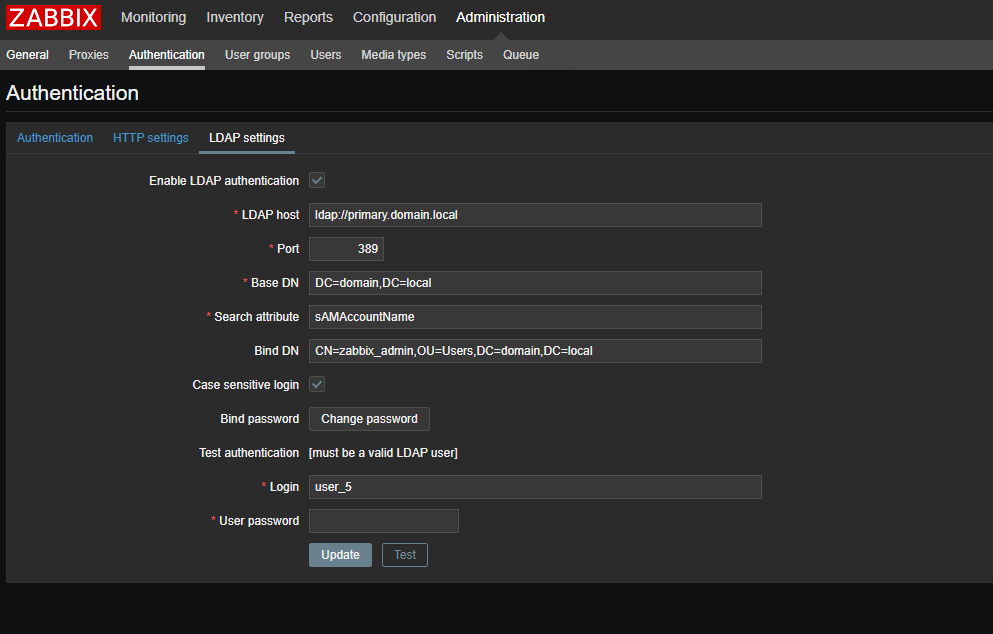 настройка LDAP аутентфикации в zabbix через Active Directory