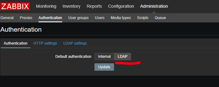 Изменить тиа аутентфикации в zabbix на ldap