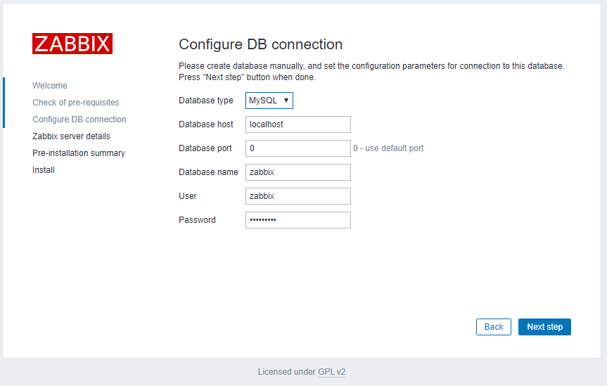 данные для подключения к базе данных zabbix