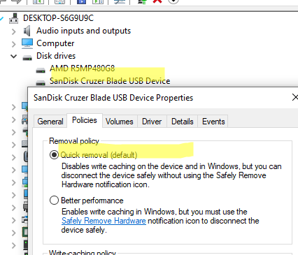Windows включает Quick removal для USB флешек 