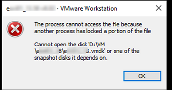 VMware Workstation - на запускается ВМ - The process cannot access the file because another process has locked a portion of the file Cannot open the disk 