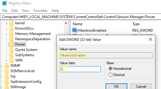 HiberbootEnabled отключить в реестре