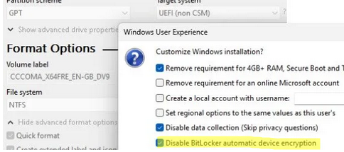 Rufus - записать ISO образ Windows 11 на USB с отключенным BitLocker automatic Device Encryption