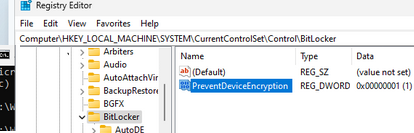 Параметр реестра PreventDeviceEncryption - отключить шифрование устройства при установке Windows 11
