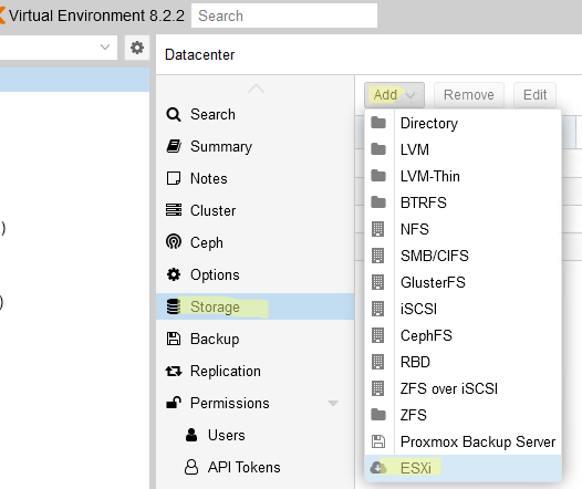 Подключить ESXi хранилище в Proxmox