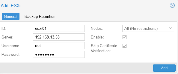 Параметры подключение к ESXi