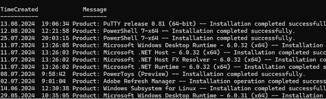 PowerShell: вывести события установки программ в Windows