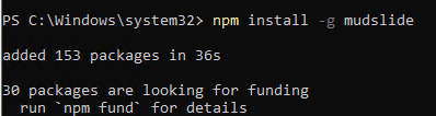 установка пакета Mudslide в Windows через NPM