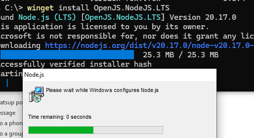установка OpenJS.NodeJS.LTS через winget