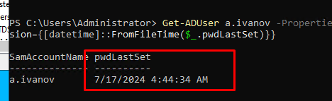 Время последней смены пароля Get-ADUser 