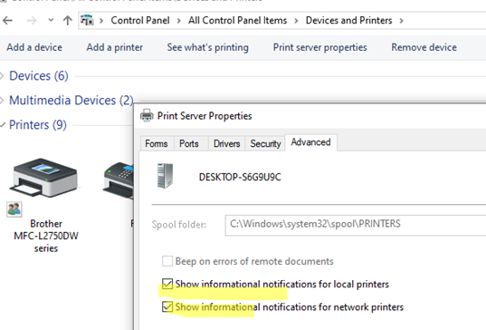 Отключить показ уведомлений в свойствах принт сервера Windows