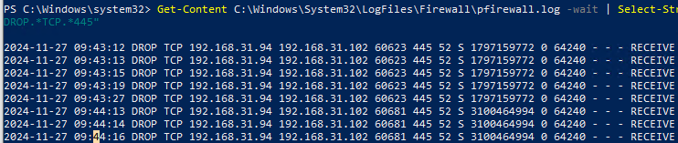 Вывести лог Windows Firewall в реальном времени PowerShell