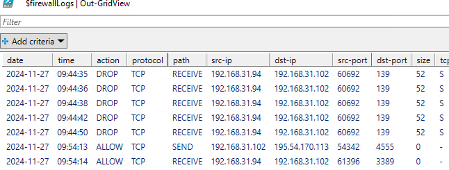 Поиск в логах файервола Windows Firewall