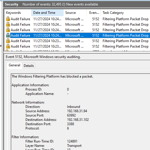 Событие Event ID 5152 (The Windows Filtering Platform has blocked a packet).