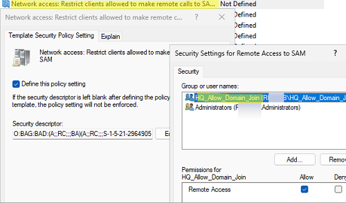 Параметр GPO: Network access: Restrict clients allowed to make remote calls to SAM