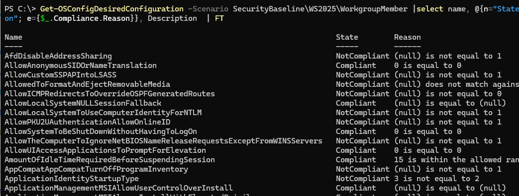 Включить рекомендованные настройка безопасности Windows Server 2025 с помощью OSConfig 4 Get-OSConfigDesiredConfiguration -список всех параметров в шаблоне безопасности Windows Server
